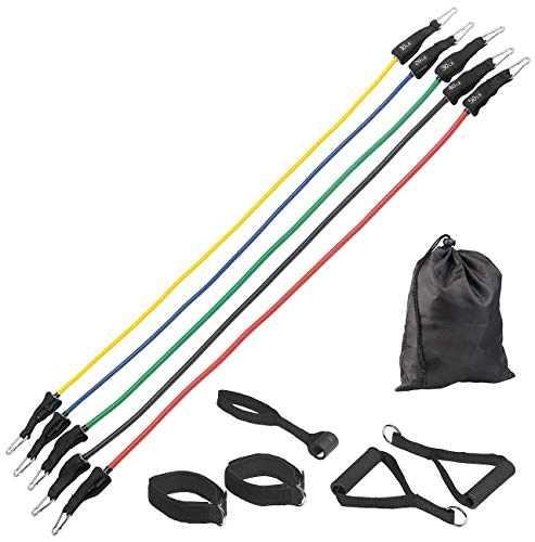 PEARL Sports Fitnessbänder: 5er-Set Widerstandsbänder mit Griffen, Fußschlaufen und Türanker (Fitnessbänder Tür, Gummibänder, Sport)