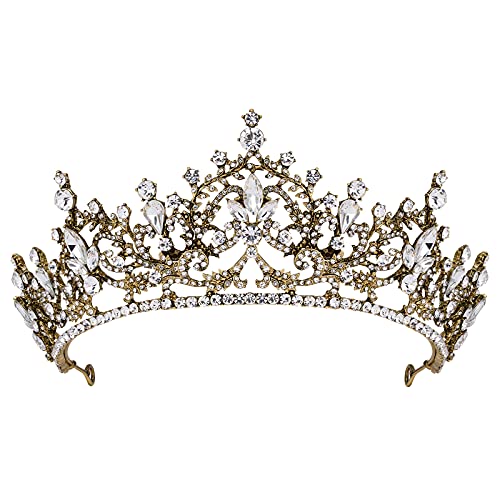 SWEETV Vintage Tiaras and Crowns for Women, Gold Wedding Tiara for Bride, Rhinestone Princess Crown, Black Jeweled Hair Accessories for Birthday Quinceanera Pageant Prom