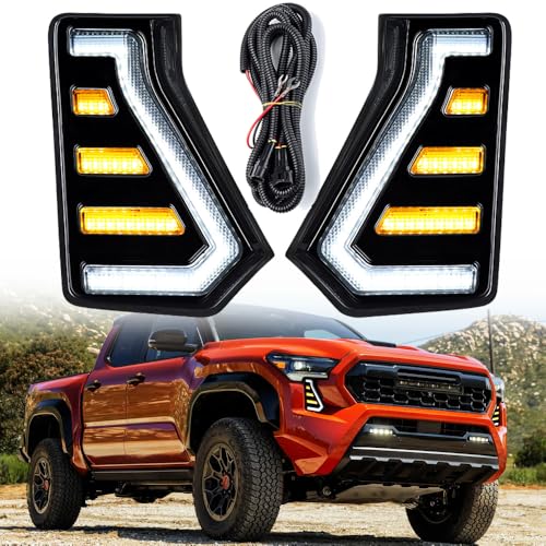 amopacorp 2pcs Sequential White LED DRL Daytime Running Lights Switchback Amber Turn Signal Front Bumper Driving Fog Lamp Fits for 2024 2025 Toyota Tacoma SR SR5 TRD Pro Sport Limited Trailhunter