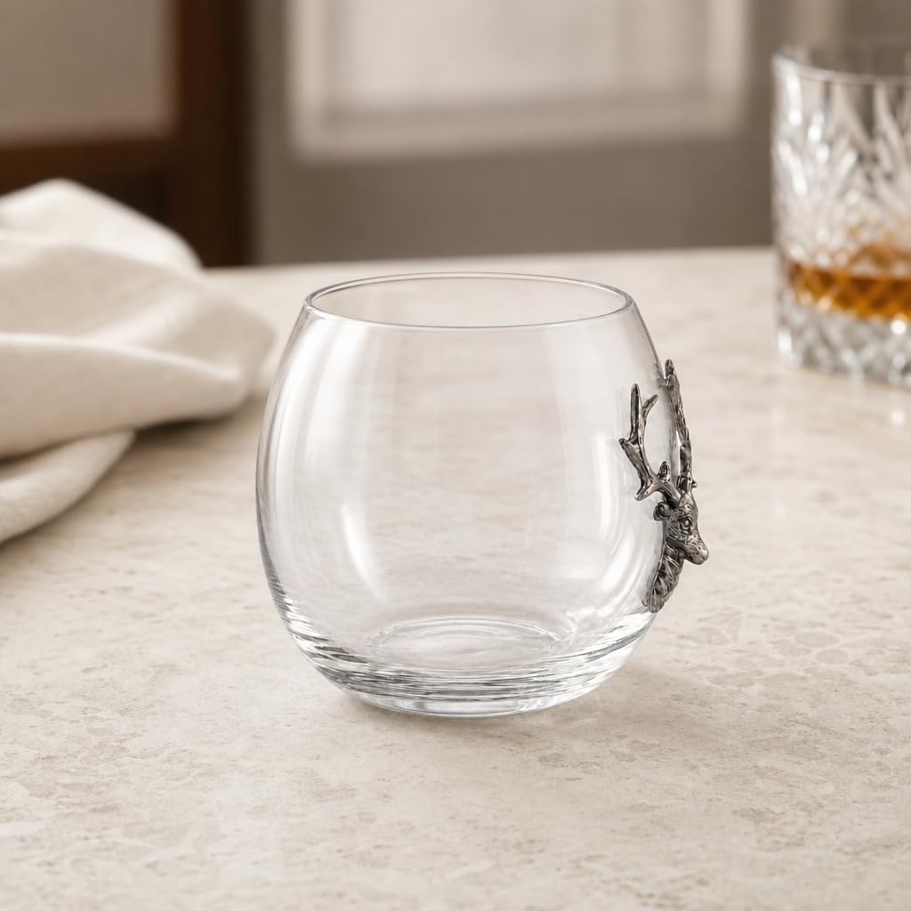 Vagabond House Copa de vino sin tallo de ciervo/alce, cristal soplado a mano de alta calidad, estilo cabaña, perfecta para vino rojo/blanco, 3.25 pulgadas de alto, 12 onzas, mejora tus degustaciones