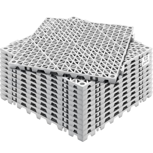 VEVOR Loseta de PVC Losetas Autoventiladas 12 PCS Baldosa de Clip Calada para Suelo 30x30x1,5 cm Baldosa de Jardín de Enclavamiento Drenaje Rápido Interior Exterior para Terraza Cocina Spa Baño, Gris