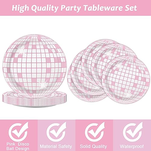 Image of 96PCS Pink Silver Disco Party Plates Napkins Disco Birthday Decoration 70s Theme Disposable Paper Cake Tableware Serve 24 Guests Women Girls Baby Shower Bachelorette Wedding Birthday Party Favor