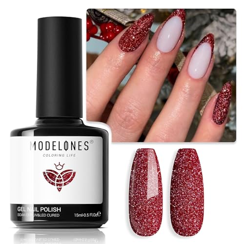 Image of modelones Glitter Gel Nail Polish Pastel Burgundy Red Gel Nail Polish Soak-Off UV Gel Polish - 28+ Days Long-Lasting Salon-Quality Nail Art for Spring & DIY Manicure & Gift 15ML