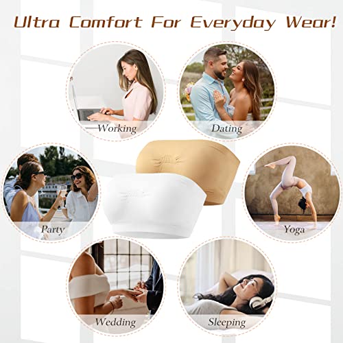 Documo Bandeau Bra Padded Strapless Bras For Women Wireless Tube Top Bra Seamless Bandeau Bralettes (Beige + White, Small) #TOP5