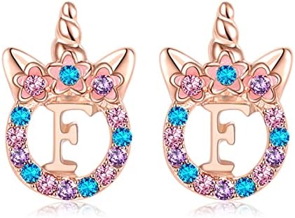 TRWWELL Cute Rose Gold Initial F Unicorn Hypoallergenic Stud Earrings CZ Rhinstone Initial Letter Stud Earrings Unicorns Jewelry Gifts for Girls