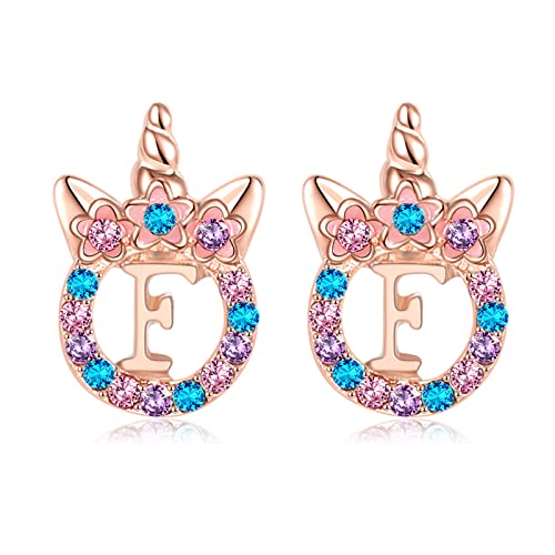 Trwwell Cute Rose Gold Initial F Unicorn Hypoallergenic Stud Earrings Cz Rhinstone Initial Letter Stud Earrings Unicorns Jewelry Gifts For Girls #TOP2
