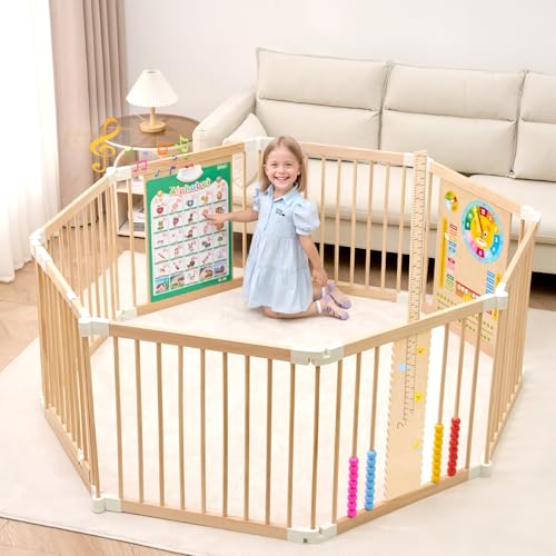 Foldable Wooden Playpen, Baby Wood Play Pen with Sound Book