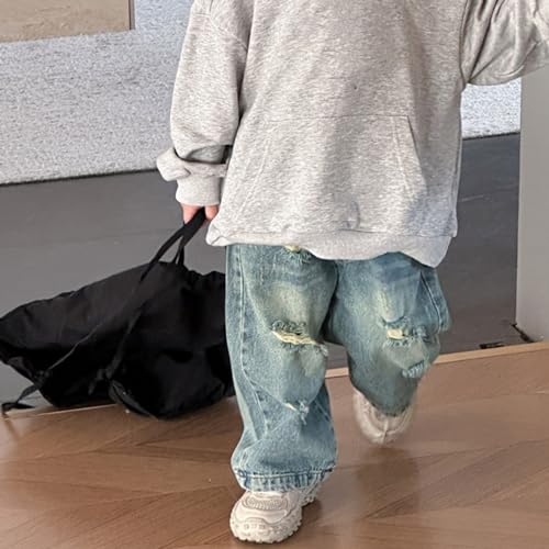 Boy's Elastic Waist Wide Leg Cargo Jeans Casual Baggy Demin Pants Loose Trendy Pants with Pockets 3-12 Years4