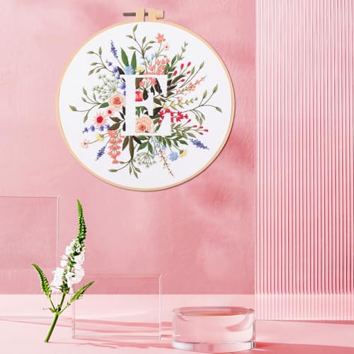 Image of IUHUI Embroidery Kit for Beginners Adults - 26 Floral Letters Easy Patterns, DIY Hand Stitching Embroidery Set with Hoop (Flower and Grass Letter E)