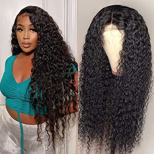 Deep Wave Lace Front Wigs Human Hair Pre Plucked 13x4 Frontal Wigs Human Hair 150% Density Glueless Curly Wigs for Black Women Natural Color (22 Inch)