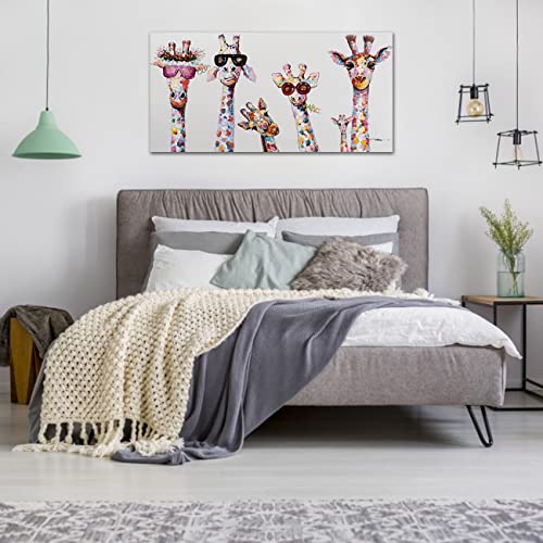ZHONGYUTONG Graffiti Leinwand Kunstdruck mit Rahmen Giraffe Familie mit Brille Wanddekoration Buntes Tier Bild Poster Lustige Gemälde für Kinderzimmer (20x40cm)