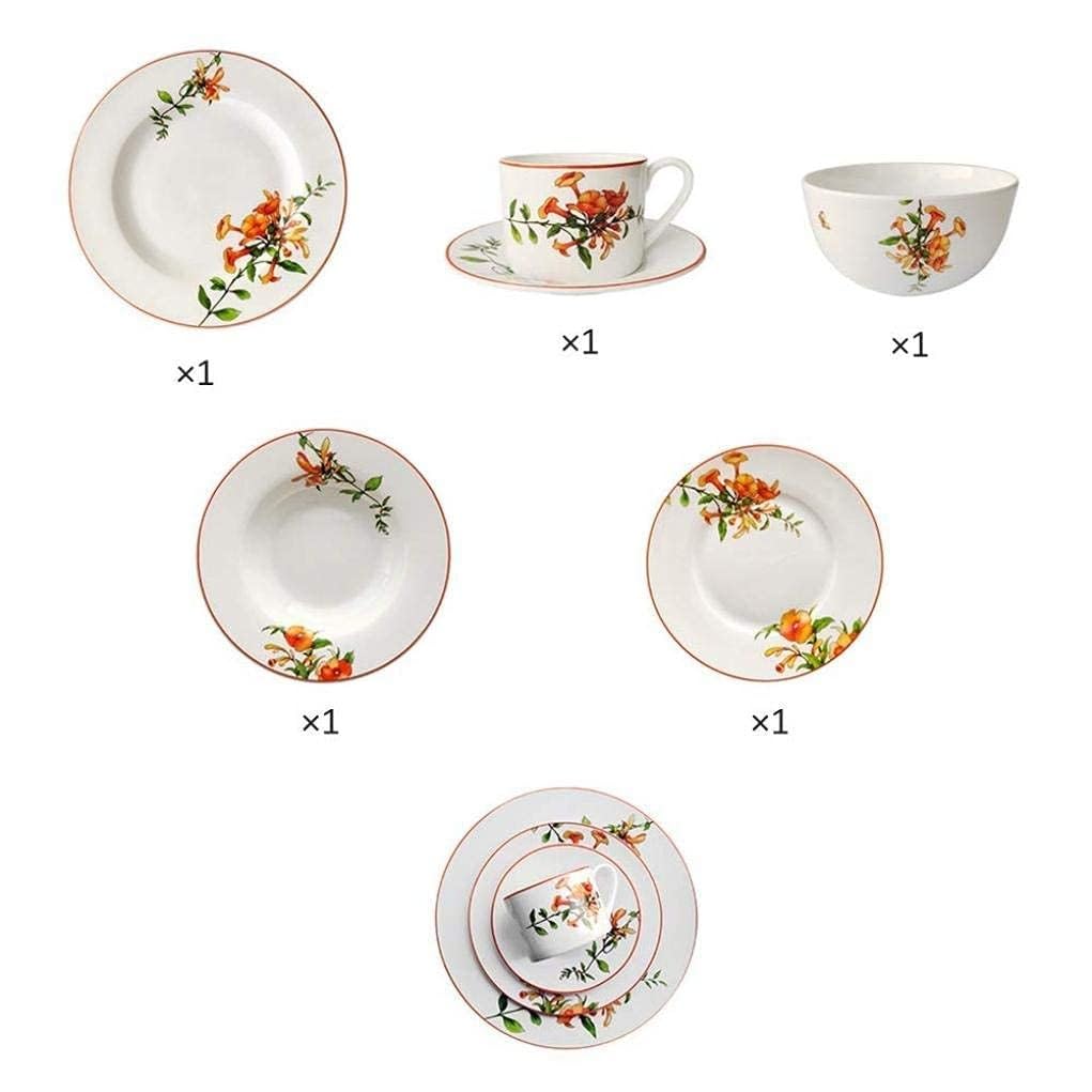 Elegante Speiseteller, Geschirr, Teller, Schüssel-Set, Keramik-Geschirr-Set mit 6 Teilen, Blumenmuster, Teller, Schüssel, Kaffeetasse und Untertasse, Service für 1