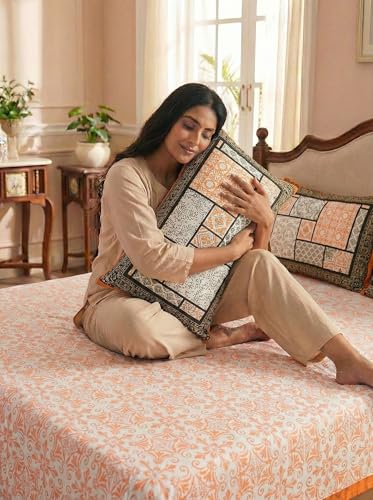 Image of Mafatlal 144 TC Sanskriti Cotton King Bedsheet | 90 x 108 Inches | Soft & Skin-Friendly | Handcrafted Jaipuri Print | 2 Pillow Covers | Persian Melon