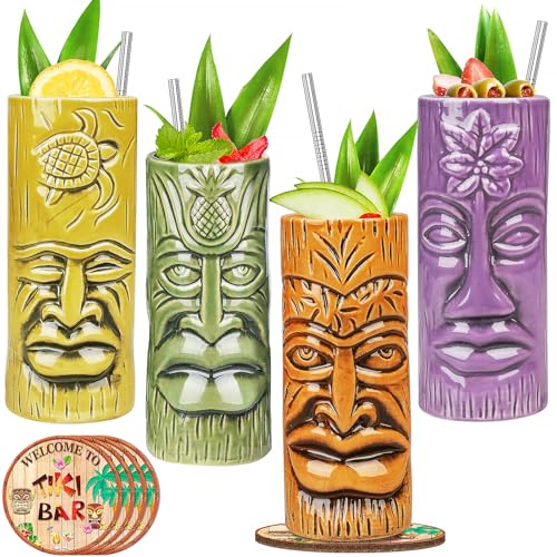 Tiki - Set di 4 bicchieri da cocktail esotici, bicchieri da cocktail hawaiani, con sottobicchiere e cannucce, per Mai Tai, Pina Colada, Tiki Bar