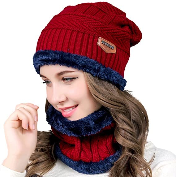 EMPOISON Winter Woollen Cap & Neck Warmer (Scarf) Set for Women | Inside Fur Wool Beanie Cap with Neck Warmer/Muffler | Warm Hat| Air Proof Cap | Knit Hat with Thick Fleece-image-48