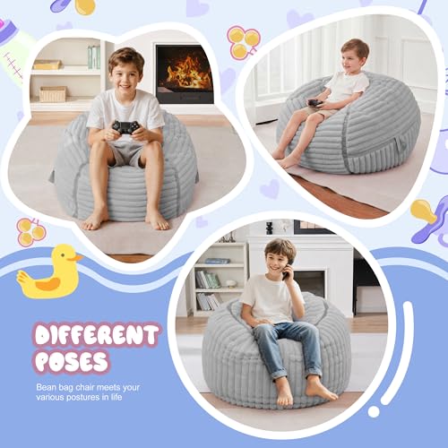 Image of 2FT Bean Bag Chair 2'Bean Bag Chairs with Memory Foam Filled Small Bean Bag | Bean bags with Machine Washable Cover Corded Plush Fabric, Comfy Chairs for Living Room, Bedroom, Dorm, Lightgrey