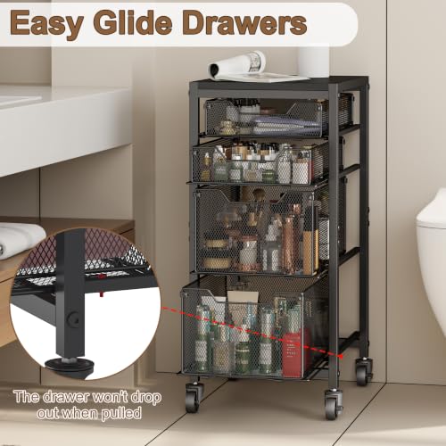 Image of Rolling Storage Cart with Drawers, Under Desk Storage with Wooden Tabletop & Lockable Wheels, 4-Tier Storage Drawers for Bathroom, Craft, Office, Black