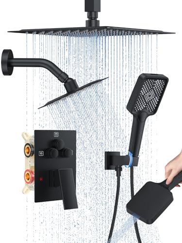 Image of Woindo Shower Faucet Set, 10 inch Ceiling Mount Rainfall Shower System with 2 Rain Shower Head and Multi-function Handheld Head Push Button Diverter Shower Faucet Trim Kit