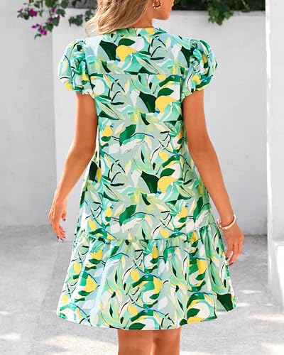 dowerme Womens Summer Dresses 2026 Puffy Sleeve V Neck Loose Floral Print A Line Boho Mini Babydoll Dress with Pockets(Green,Large) — view 5