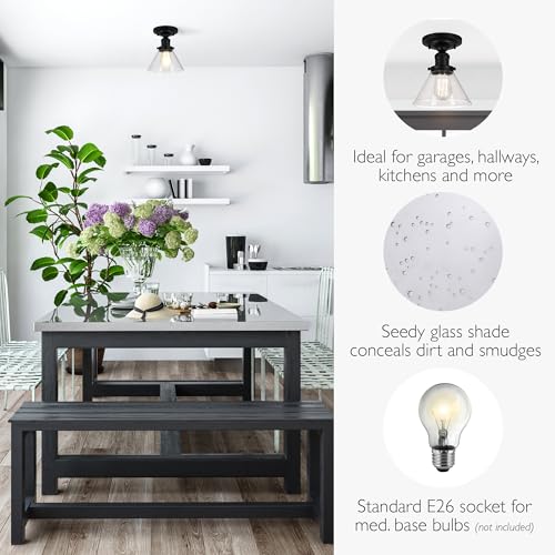 Image of Design House Augustin Ceiling Light, 1-Light, Semi-Flush, Seeded Glass Glow, Dimmable, E26 Socket, Durable Metal Frame, Black, 7.9 in L x x 7.9 in W x 9.1 in H, 589069-BLK