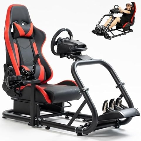 Marada Racing Sim Cockpit Stand with comfortable Seat Fit for Logitech/Fanatec/Thrustmaster G27 G923 G920,Large Round Tube&Adjustable Professional Driving Race Mount,Wheel Pedal Handbrake Not Included Cover