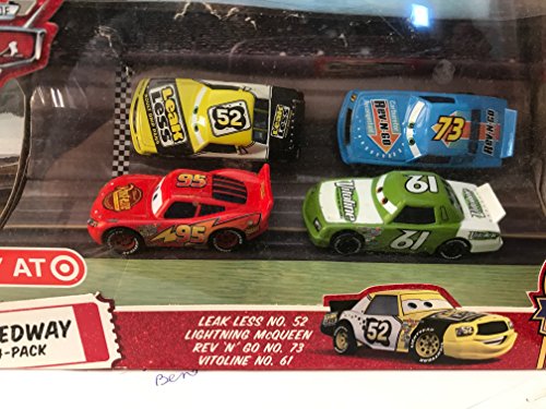 Disney / Pixar CARS Movie Exclusive 1:55 Die Cast Piston Cup Nights Speedway 4-Pack Leak Less, Lightning McQueen, Rev N' Go & Vitoline