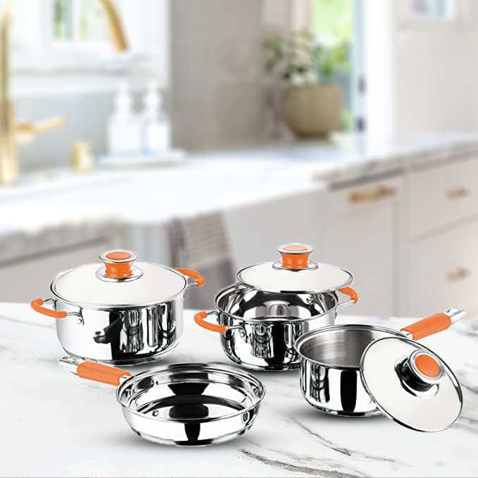 Image of Kuber Industries Set of 4 Stainless Steel Cookware Set I Induction Base Cookware I Saucepan (1.4 L), Kadai (2.0 L), Casserole (2.5 L), Frypan (1 L) and 3 Lids I Heavy Gauge Steel