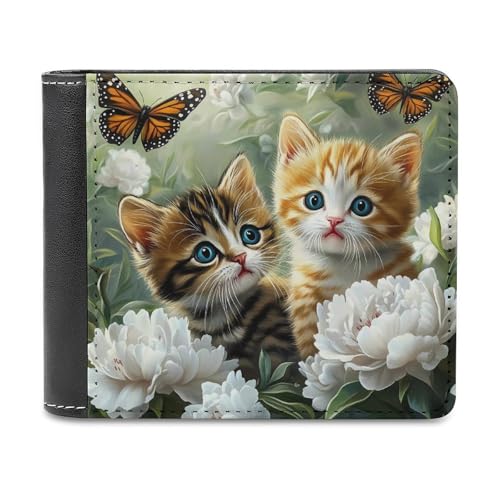 Kitten Playing Butterfly Bifold Wallet PU Leather Slim Purse Pocket Wallet with Card Holder for Women Men