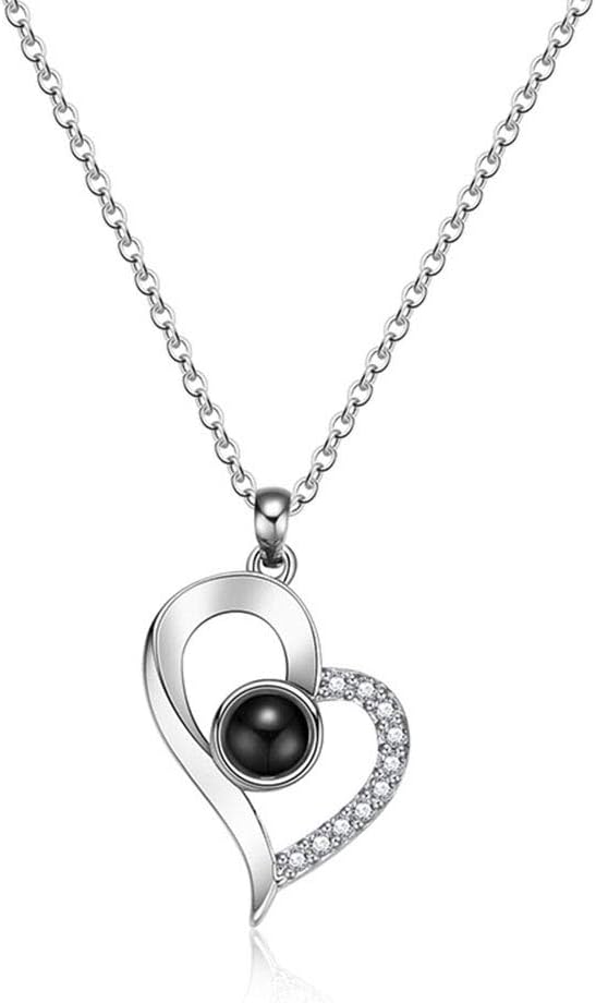 Jetloter I Love You Necklace, 100 Languages Projection on Round Onyx Pendant Collarbone Necklace (Silver- 2)