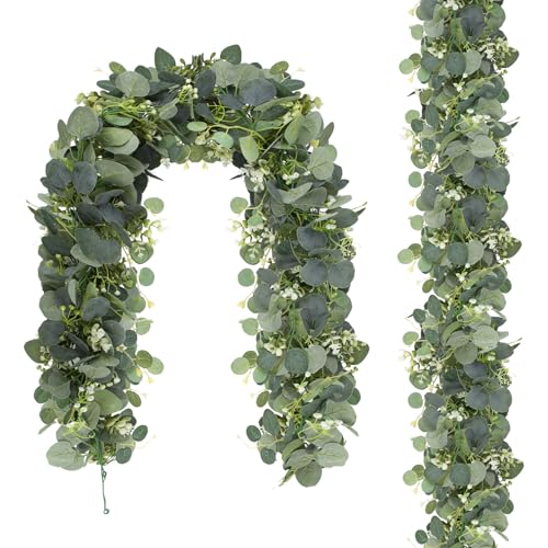 2 Piezas Guirnaldas de Eucalipto Artificial de 1,95 m, Plantas Artificiales Colgantes Cifrada, Vid de Ramas Eucalipto para Bodas Fiestas Mesas Chimeneas Escalera Marcos de Puertas