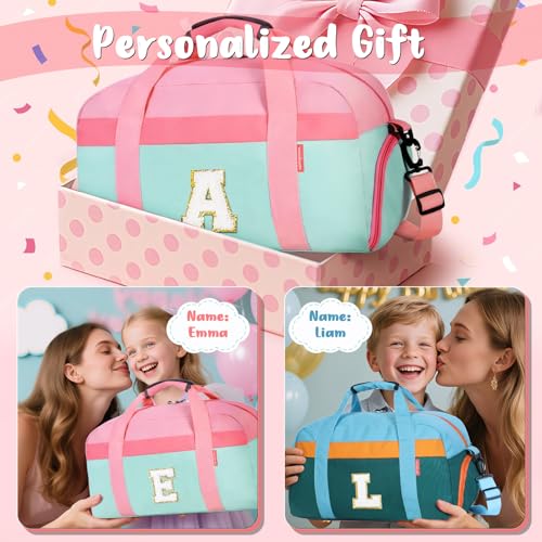 Initial Kids Duffle Bag for Boys or Girls, Kids Overnight Bag with Shoe Compartment, Personalized Weekender bags, Birthday Gifts for Women Boys Girls(Pink Green-Letter A)2