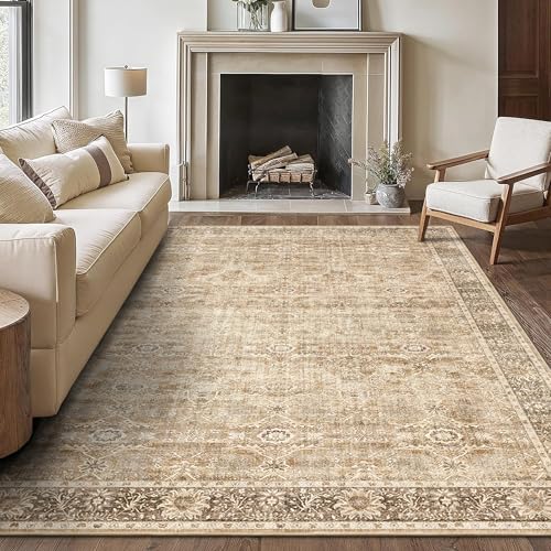 5x7 Beige Washable Rug for Living Room Vintage Distressed Bedroom Rug