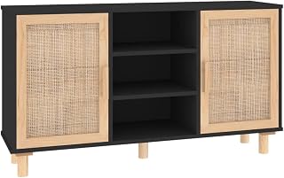 vidaXL Solid Wood Pine Sideboard Living Room Wooden Cupboard Storage Cabinet Highboard Home Organiser Side Console Cabinet Black Natural Rattan