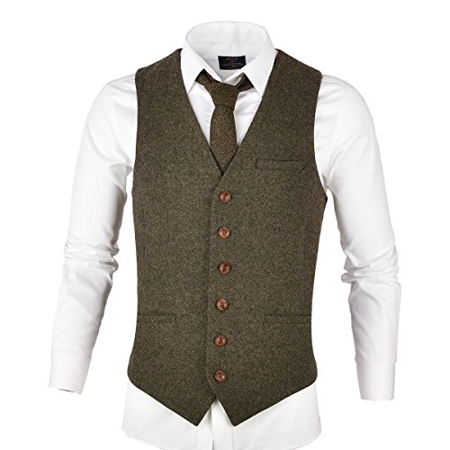Voboom Men's Slim Fit Herringbone Tweed Suits Vest Premium Wool Blend Waistcoat (Khaki, 3X-Large) #TOP1
