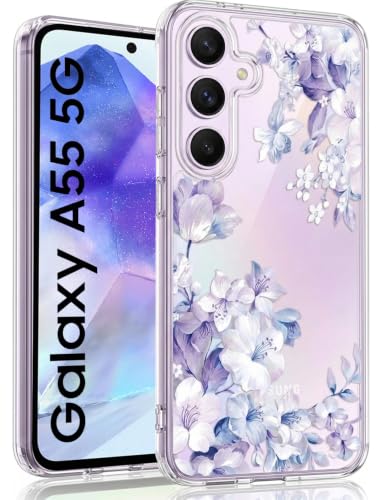 Image of VONZEE Clear Transparent Flower Case Compatible with Samsung Galaxy A55 5G, Shockproof Floral Design PC+TPU Back Cover, Camera Protection Slim Protective Phone Case for Women & Girls, Purple