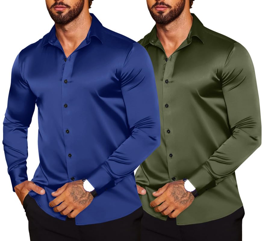 Image of Combo of Men's Premium Satin Cotton Shirt with Full Sleeves & Spread Collar | Smooth Finish | Slim Fit | Stylish Button Down Shirt for Evening, Casual Pack of 2