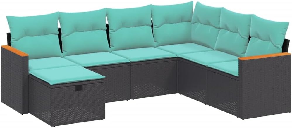 vidaXL Patio Sofa Set with Cushions, 7-Piece Black Poly Rattan Outdoor Furniture, Modular Design, Padded Blue Cushions, Weather-