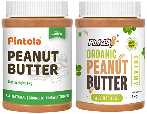 Image of Pintola All Natural Peanut Butter (Crunchy) (1 kg) (Unsweetened, Non-GMO, Gluten Free, Vegan) + Pintola Organic Peanut Butter (Creamy) (1kg)