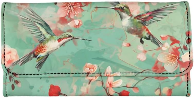Hummingbird Trifold Wallet for Women Peach Blossom Bird Long Clutch Extra Capacity Multi Card Slot Watercolor Flower Birds Large Trifold Wallet With ID Window - Image 4