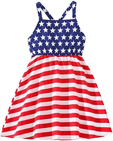 Girls 4th of July Outfit American Flag Dress Crisscross Back Red White and Blue Patriotic Dresses