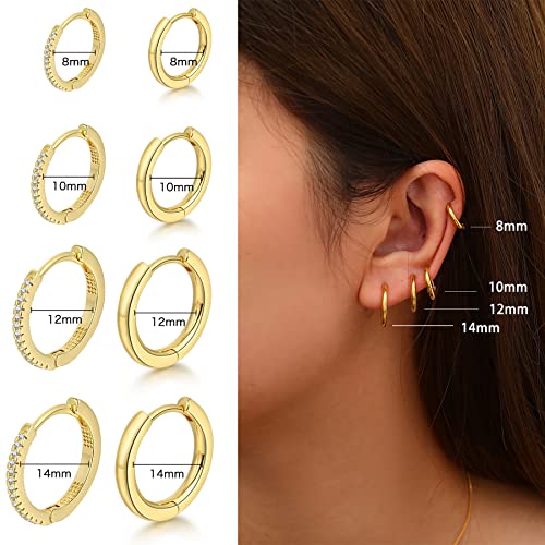 Znboh Small Gold Silver Huggie Hoop Earrings For Women 14K Gold Plated Earrings Set For Cartilage Tiny Cubic Zirconia Hoops Simple Sleeper Lightweight Earring For Men Size 8Mm 10Mm 12Mm 14Mm #TOP3