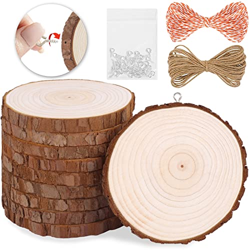 Natural Wood Slices 10Pcs 3.5-4.0 in Unfinished Wood Kit with Screw Eye Rings, Complete Wood Coaster, Wooden Circles for Crafts Wood Christmas Ornaments Wedding DIY Crafts