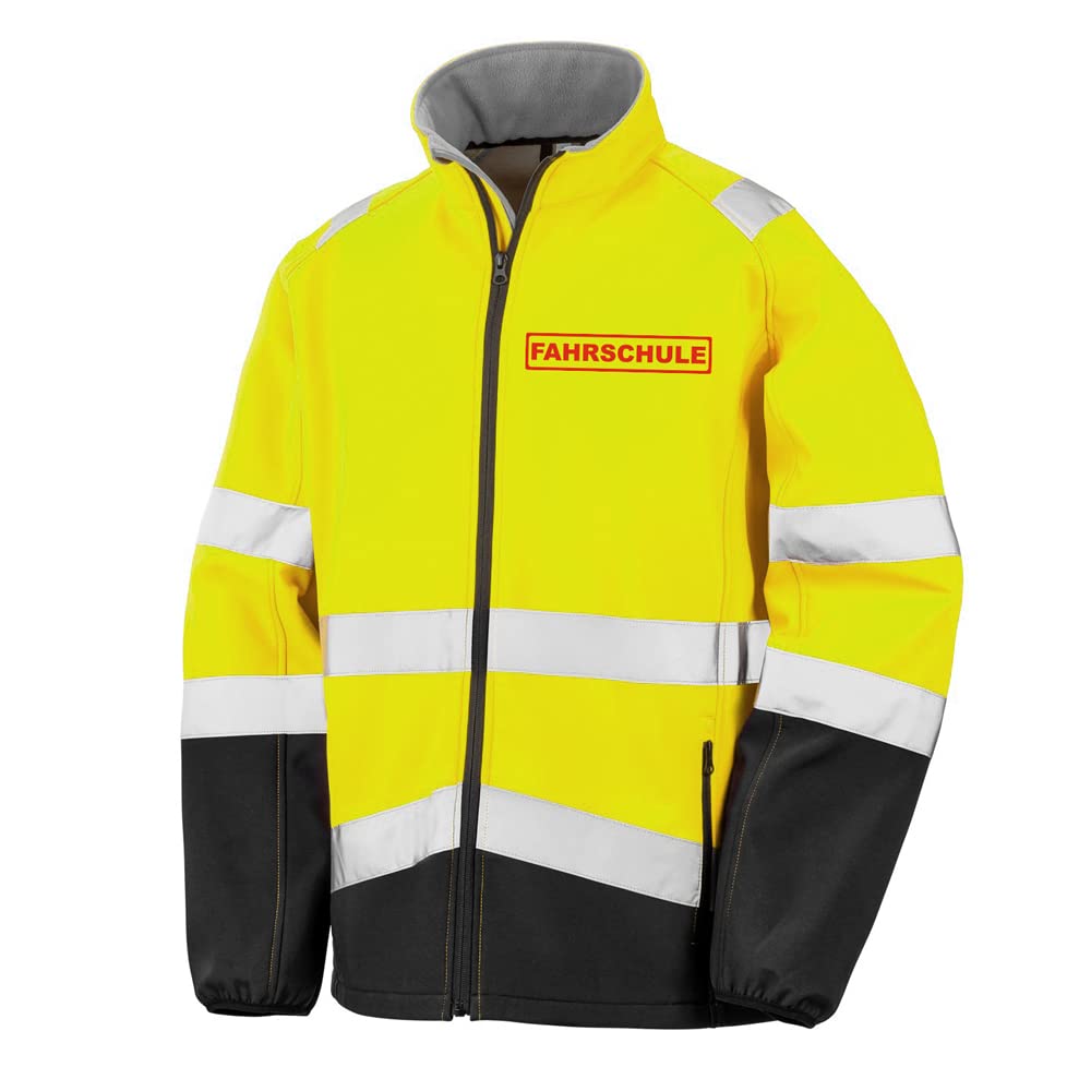 FAHRSCHULE Sicherheitsjacke GELB aus Softshell - Gelb Warnjacke nach EN ISO 20471 zertifiziert - Unisex und hochwertigem Reflektorstreifen