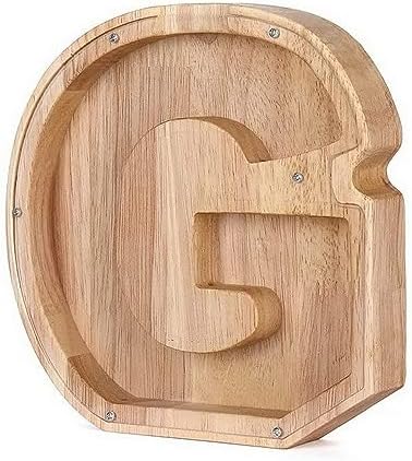 MoneRffi Personalized Letters Wooden Piggy Bank, A-Z Letters Coin Bank Money Box with Clear Alphabet Stickers, Money Saving Bank For Family Christmas Birthday Gift Home DIY Decoration