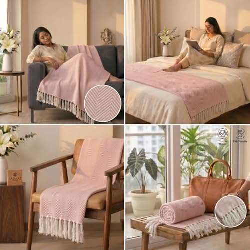 Image of SAJAVAT HOME Hand-Knitted Cotton Sofa Throw | Light Pink Tassel Design for 3 & 5 Seater Sofa & Bed | Soft Lightweight All-Season Throw Blanket (80x52 Inches)