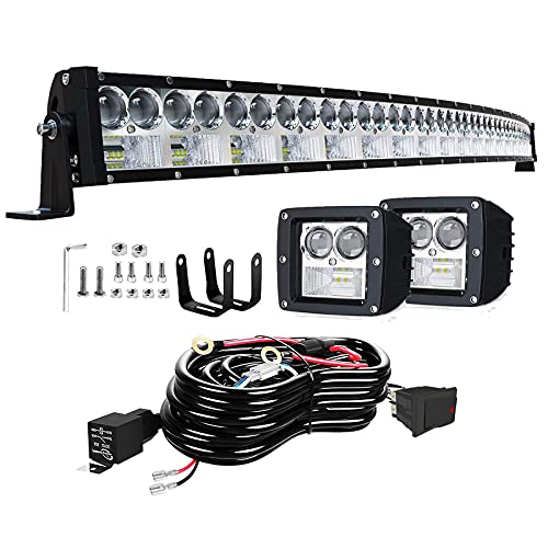 LED Light Bar 42 Inch Curved TURBO SII 2022 New Super Bright 7D Lens Spot Flood Combo Offroad Led Bar+3 Inch Combo Led Pod Lights w Wiring Harness for Trucks ATV UTV SUV Boats