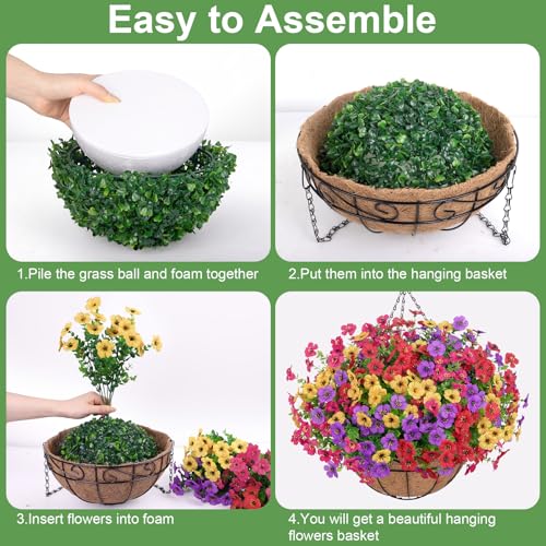 Image of Bassion Artificial Hanging Silk Flowers for Outdoors with Basket, Mixed | Fake hanging plants with basket, silk daisy flowers, UV resistan, for porch balcony patio home spring summer decoration