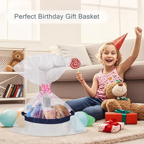 Image of COMSE Small Gift Basket Empty with Bag & Ribbons, Navy Blue & White