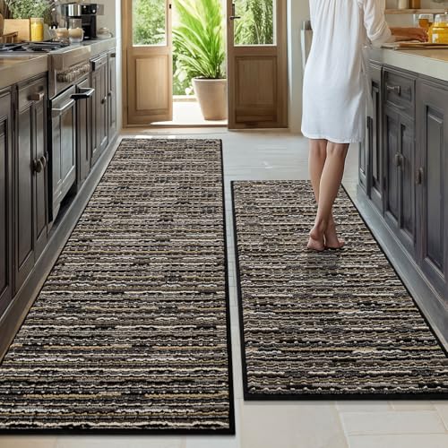 Kitchen Rugs Sets of 2-Non Slip Kitchen Mats for Floor-Thick Stain Resistant Vintage Kitchen Floor Mat Runner Carpet for Hallways Entryway Laundry Room Washable(Black 24