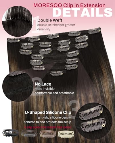 Image of Moresoo Clip in Hair Extensions Real Human Hair Balayage Dark Brown to Chestnut Brown Human Hair Extensions Clip ins Long 16 inch Full Head for Women 120g /7pcs